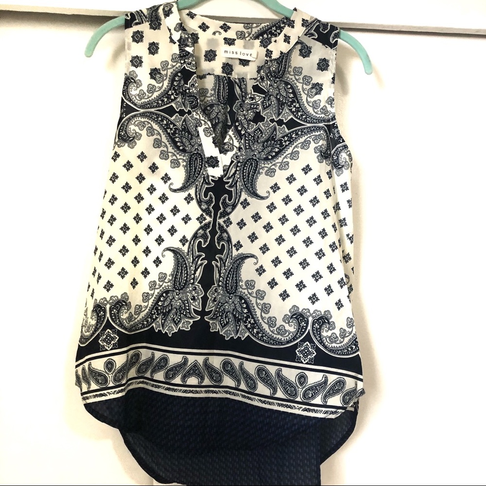 Miss Love- high low blouse Blue/ cream sleeveless